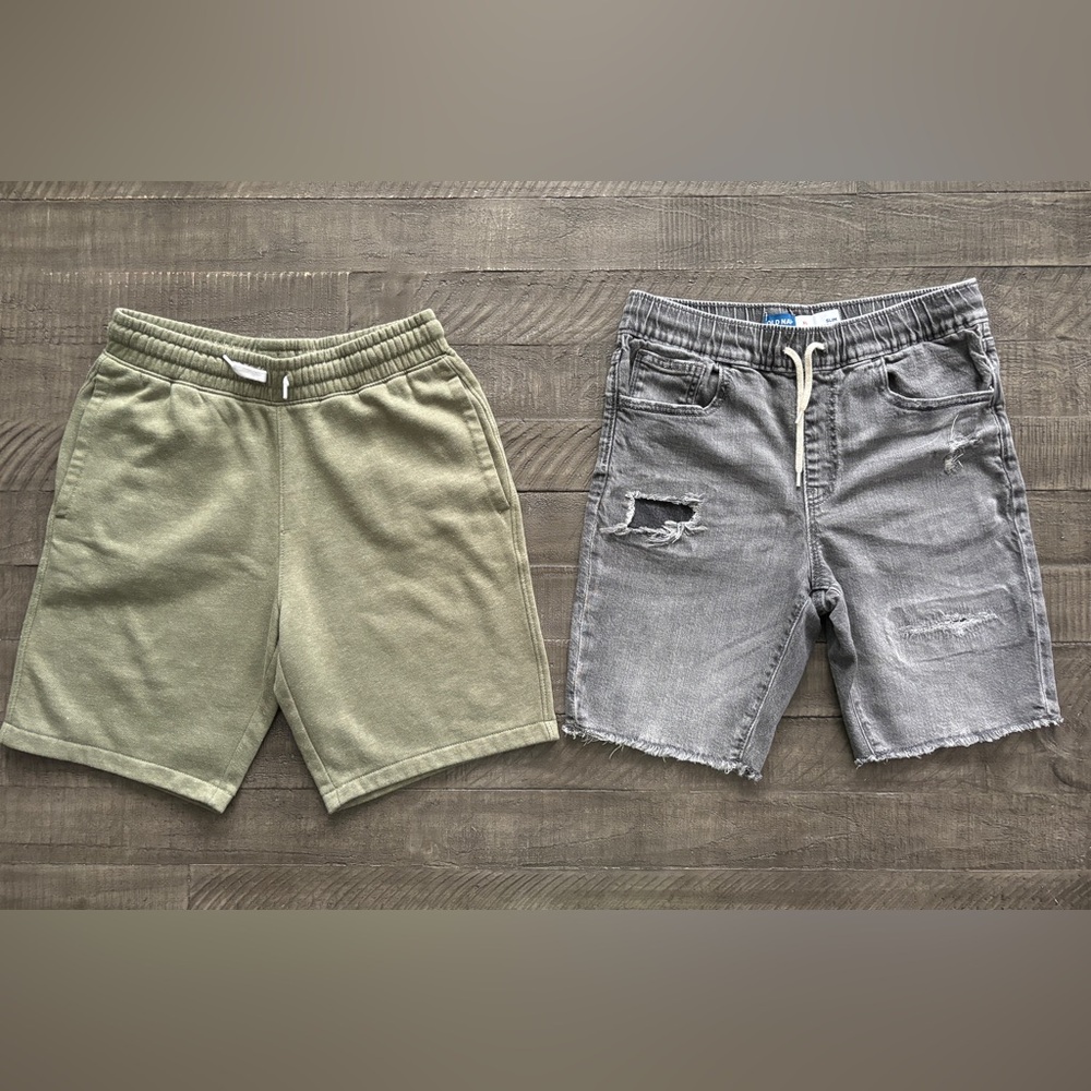 Old Navy Boys Shorts Bundle XL 14-16 Green Fleece + Gray Denim Cutoff Slim Built